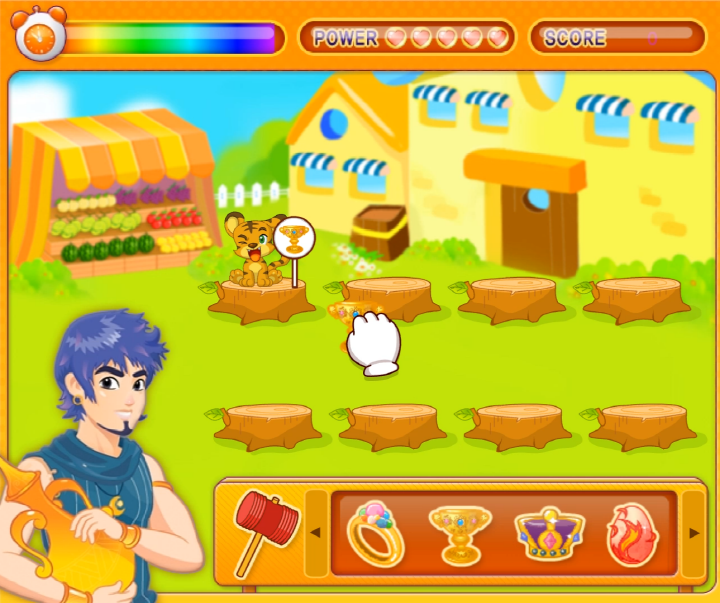 와글와글-장터-아르바이트-초급-플래시게임-플레이-호랑이가-원하는-황금색-잔을-옮기는-장면