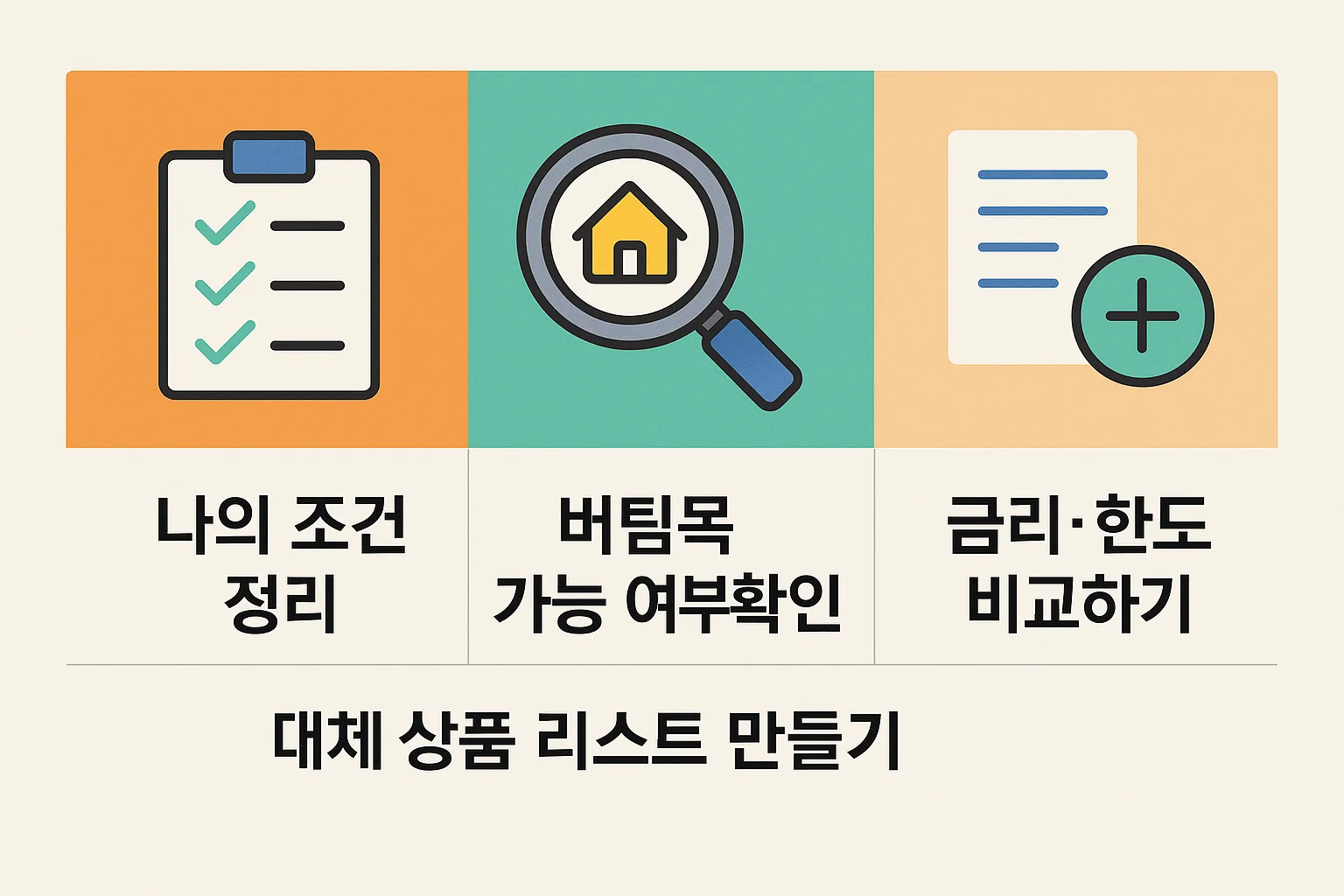 나의 조건 정리, 버팀목 가능 여부 확인, 금리&middot;한도 비교 등 대체 전세대출 상품을 찾는 단계별 절차를 안내하는 인포그래픽.