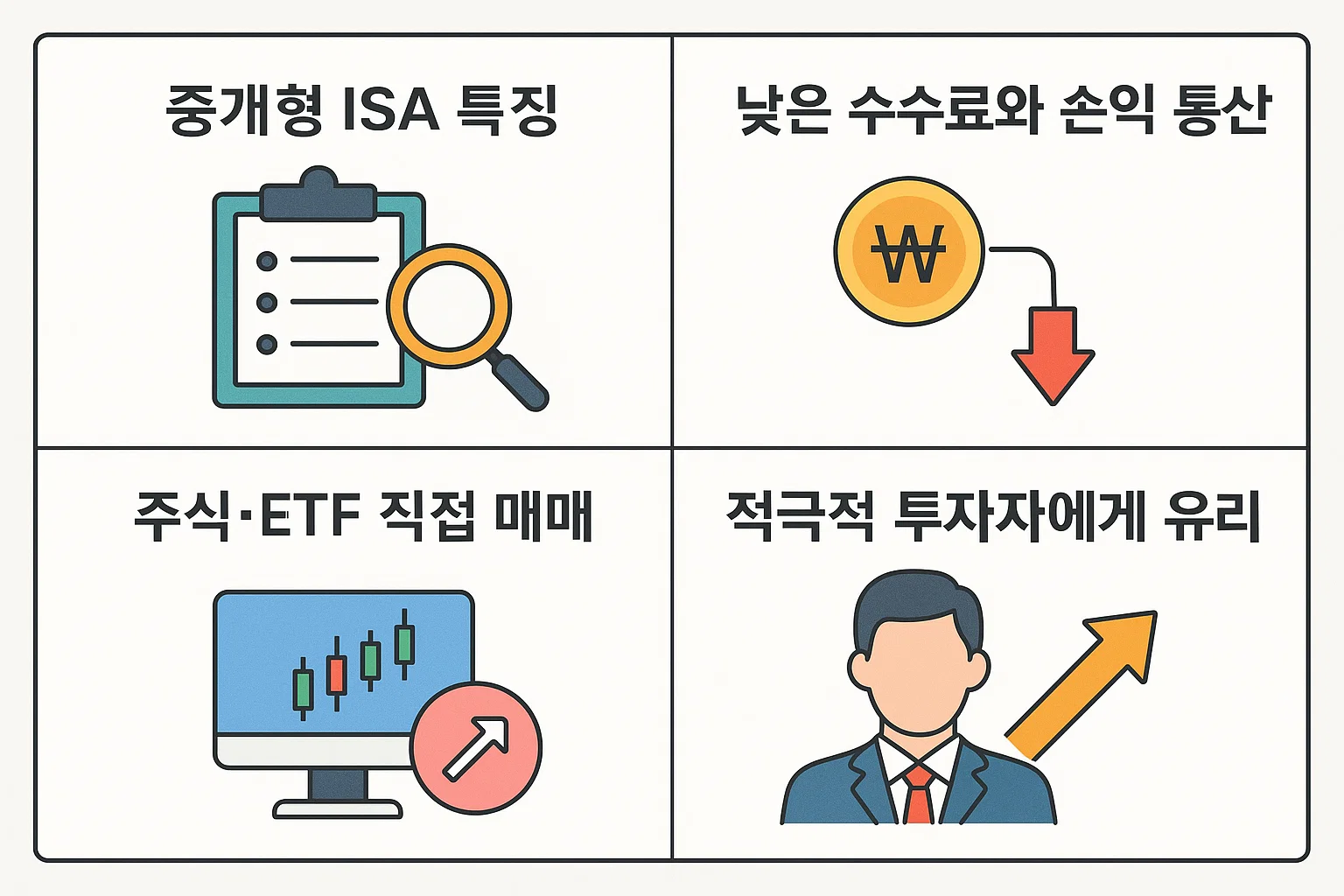 낮은 수수료, 주식&middot;ETF 직접 매매, 손익 통산이 가능한 중개형 ISA의 특징을 정리한 인포그래픽.