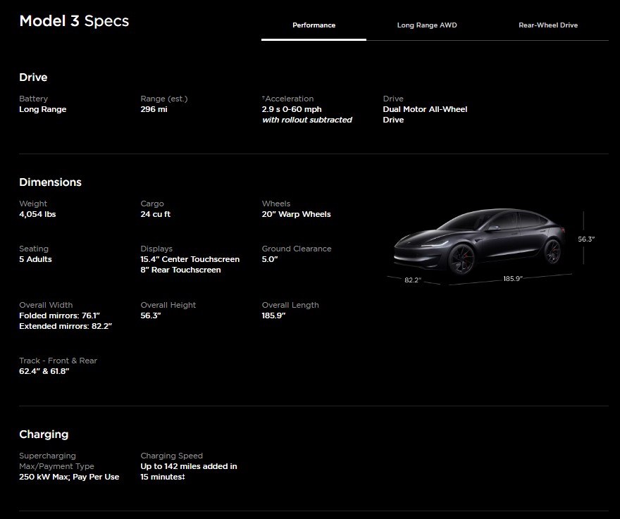 신형 테슬라 모델3 퍼포먼스 제원