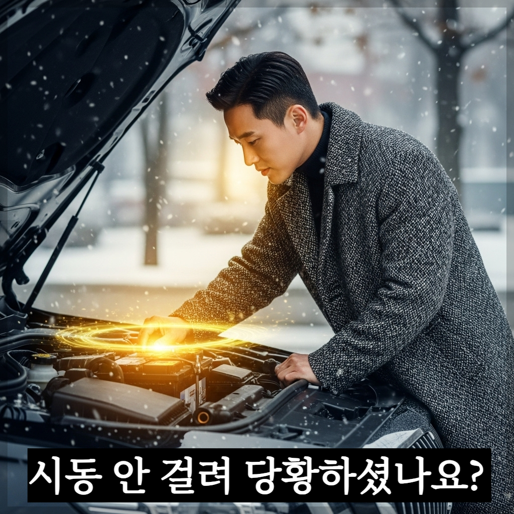 겨울철 눈 내리는 배경의 야외 주차장에서 세련된 한국인 남성 운전자가 럭셔리 세단의 보닛을 열고 배터리 상태를 꼼꼼히 점검하고 있으며, 배터리에서 영롱한 황금빛 에너지가 뿜어져 나오는 듯한 시각적 효과가 가미된 사진