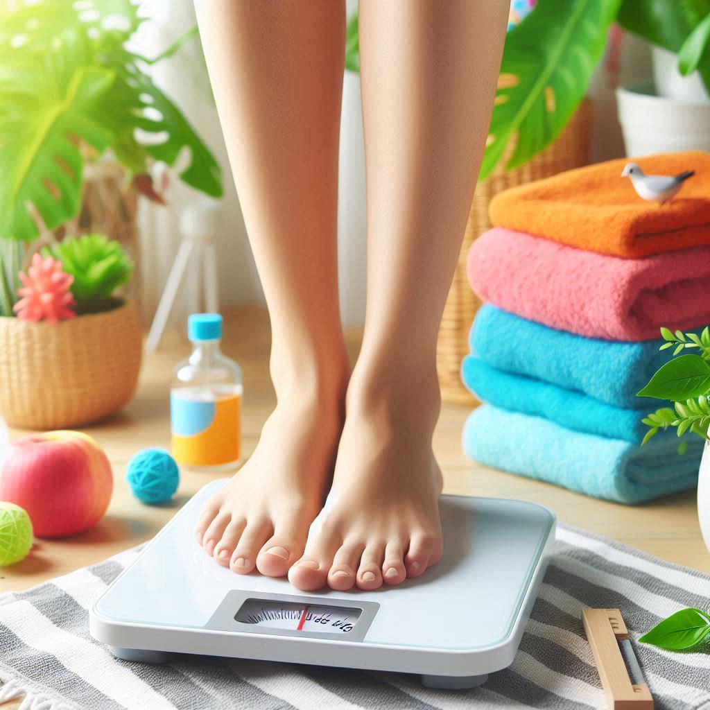 체중계 위에 올라가서 체중 측정하는 사진