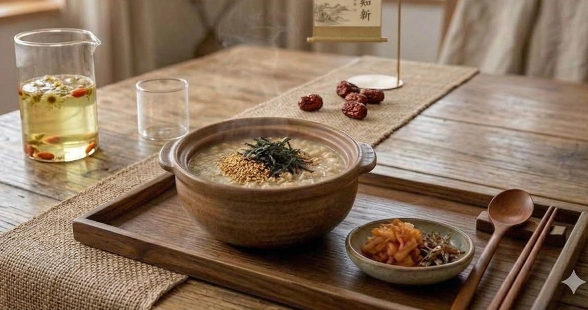 소박한 도자기 그릇에 담긴 따뜻한 오트밀 죽과 그 위에 고명으로 올라간 깨와 김 가루 사진.
그 옆에 작은 종지 그릇에 담긴 김치나 밑반찬이 놓인 정갈한 밥상 사진.