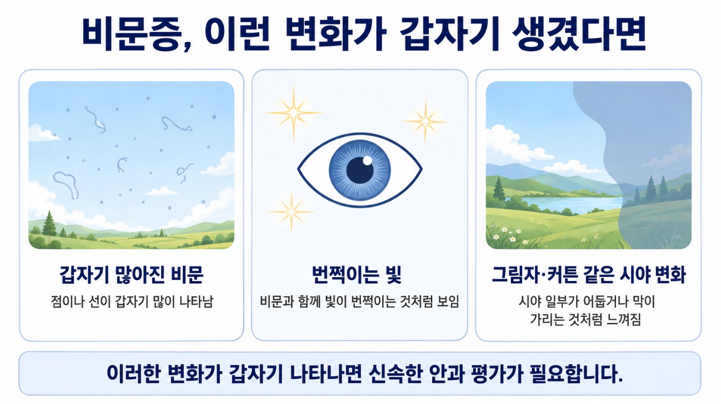 비문이 갑자기 많아지거나 번쩍이는 빛과 커튼처럼 시야를 가리는 변화가 나타날 때 확인해야 할 증상