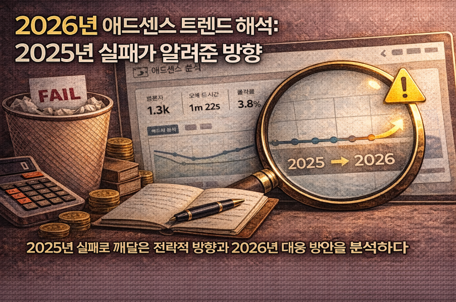 2026년 애드센스 트렌드를 2025년 승인 실패 경험을 통해 분석한 대표 썸네일 이미지, 애드센스 기준 변화와 운영 방향을 돋보기로 해석한 화면