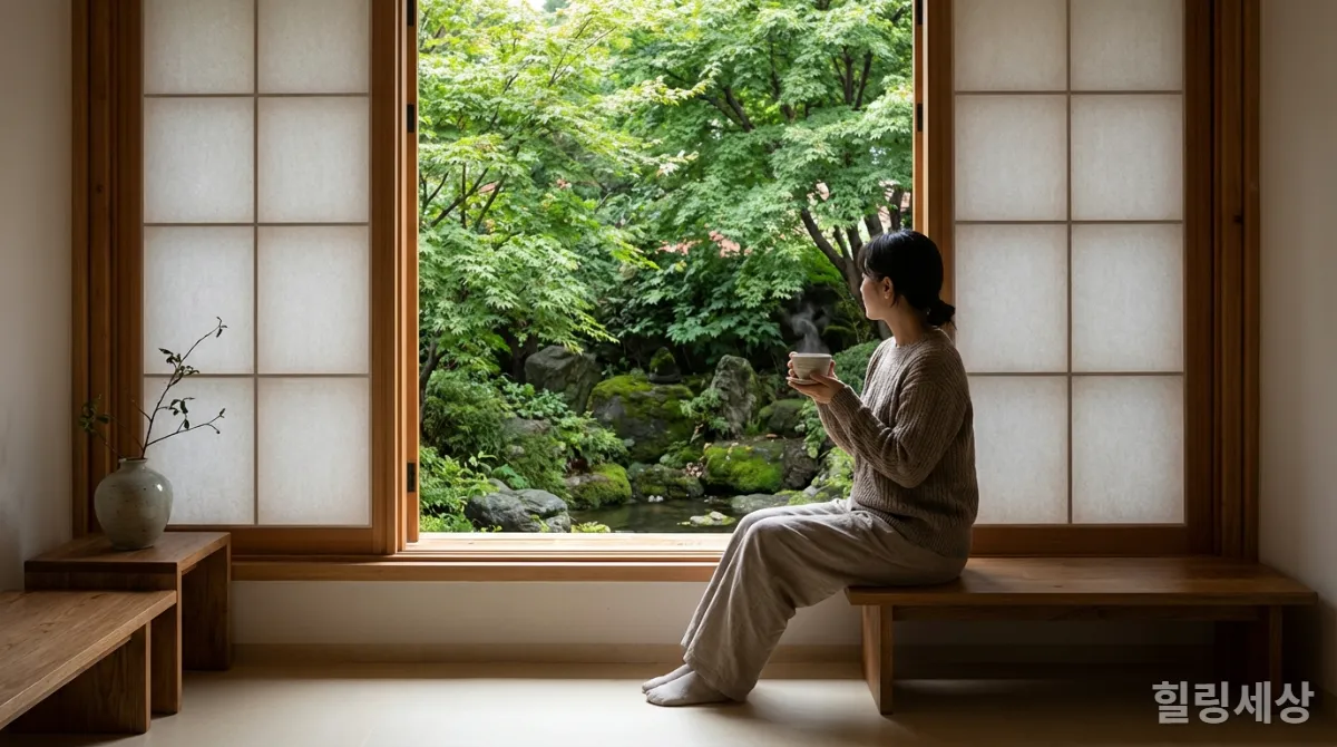 창밖 정원을 바라보며 차를 마시는 사람의 평화로운 모습