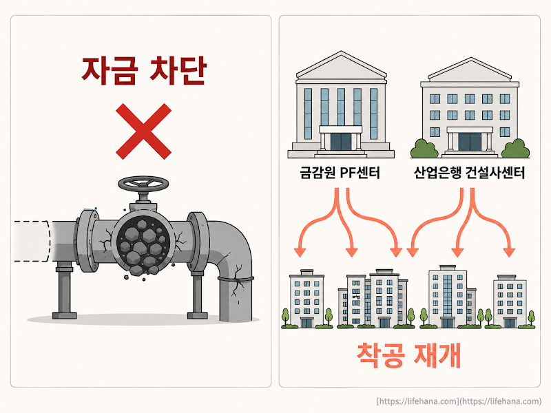 착공 지연 구조와 PF 센터 역할 개요도
