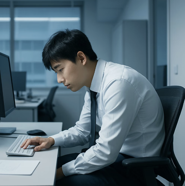 최악의 자세 1 : 등받이 없는 의자 위의 '구부정한 등'