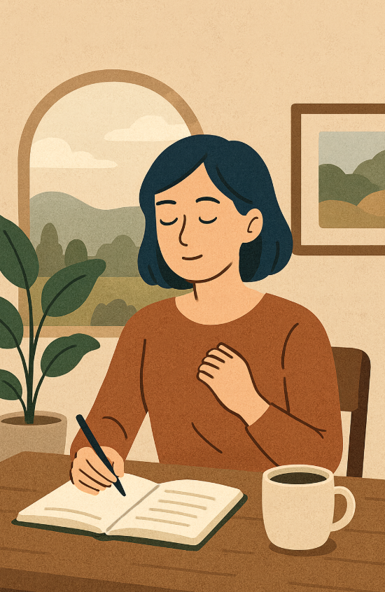 수면 전 하루의 감정 정리를 노트에 쓰는 여성 일러스트