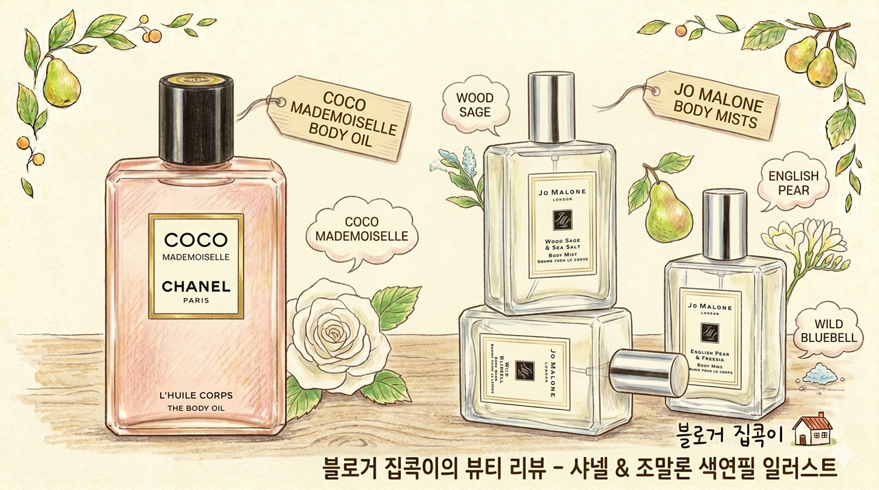 블로거 집콕이가 심플하게 그린 샤넬 바디 오일과 조말론 바디 미스트 색연필 일러스트(블로거 집콕이가 심플하게 그린 샤넬 바디 오일과 조말론 바디 미스트 색연필 일러스트)
