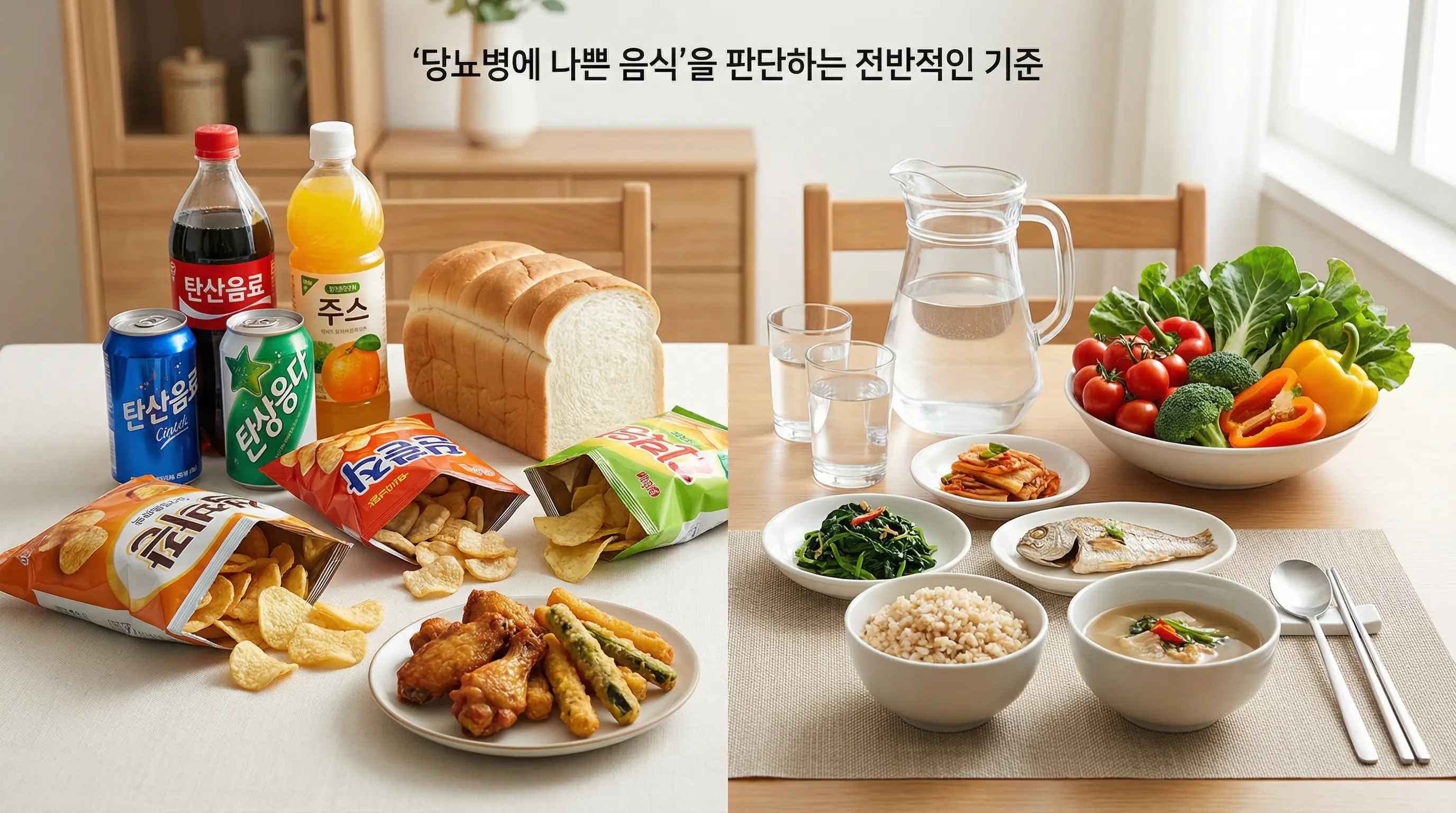 가당 음료와 흰빵, 과자, 튀김이 물과 채소와 함께 비교 배치된 식탁 이미지