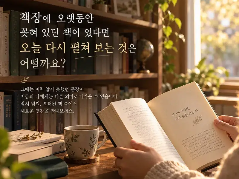 A cozy reading room with warm sunlight, an open book, and a bookshelf, illustrating the joy of rereading old books and discovering new meaning.