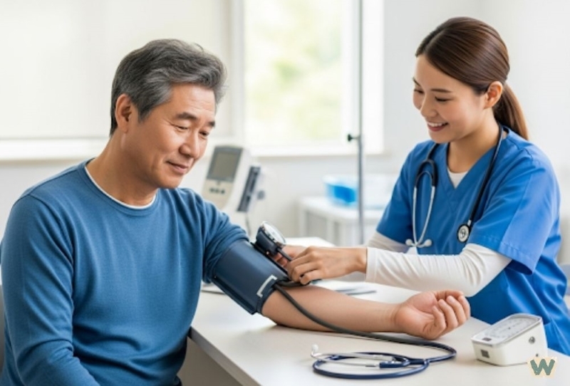 의사에게 혈압을 측정받는 중년 남성 via canva