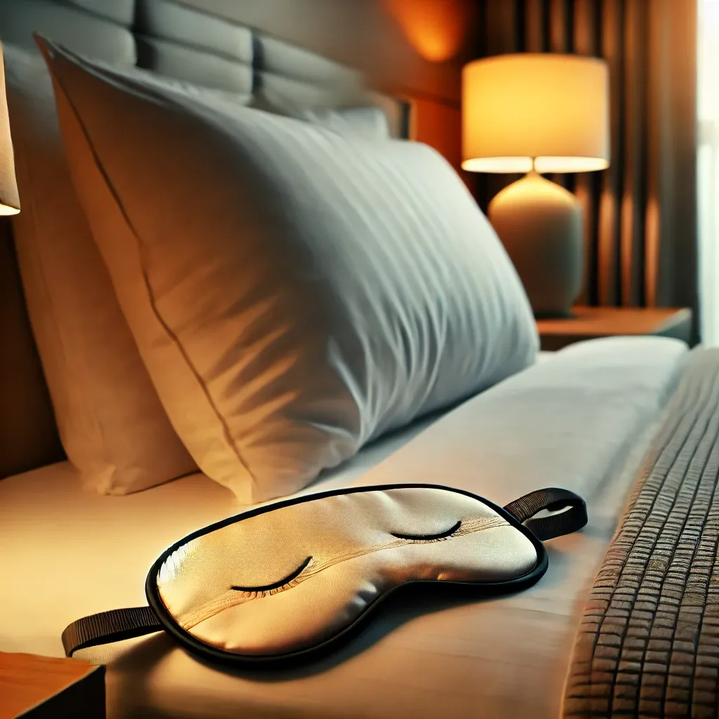 치매 관리를 위해 양질의 수면을 강조하는 차분한 침실 장면, 푹신한 베개와 따뜻한 조명, 베개 위에 놓인 수면 안대가 편안한 분위기를 연출.