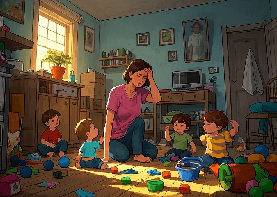 여러 아이를 돌보며 지쳐 있는 일상 모습