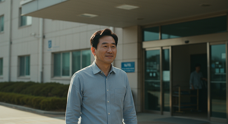 경동맥 초음파 검사 후 이상없음 소견으로 안심해하는 중년 남성 이미지