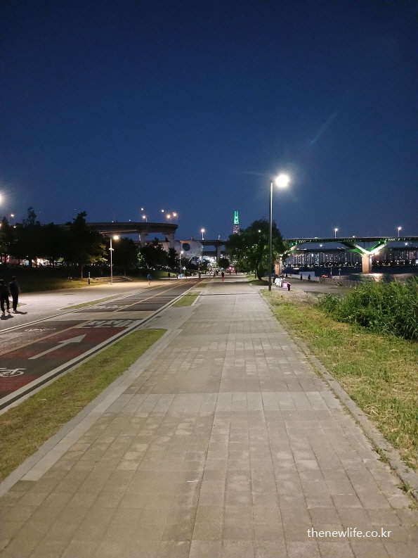 밤하늘 아래 한강 고수부지 인근의 넓은 유산소 운동 코스