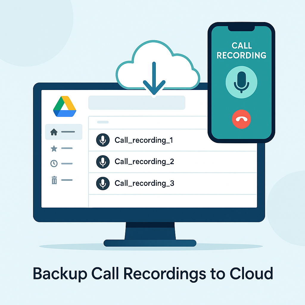 통화 녹음 파일을 스마트폰에서 구글 드라이브로 클라우드 백업하는 과정을 시각화한 일러스트