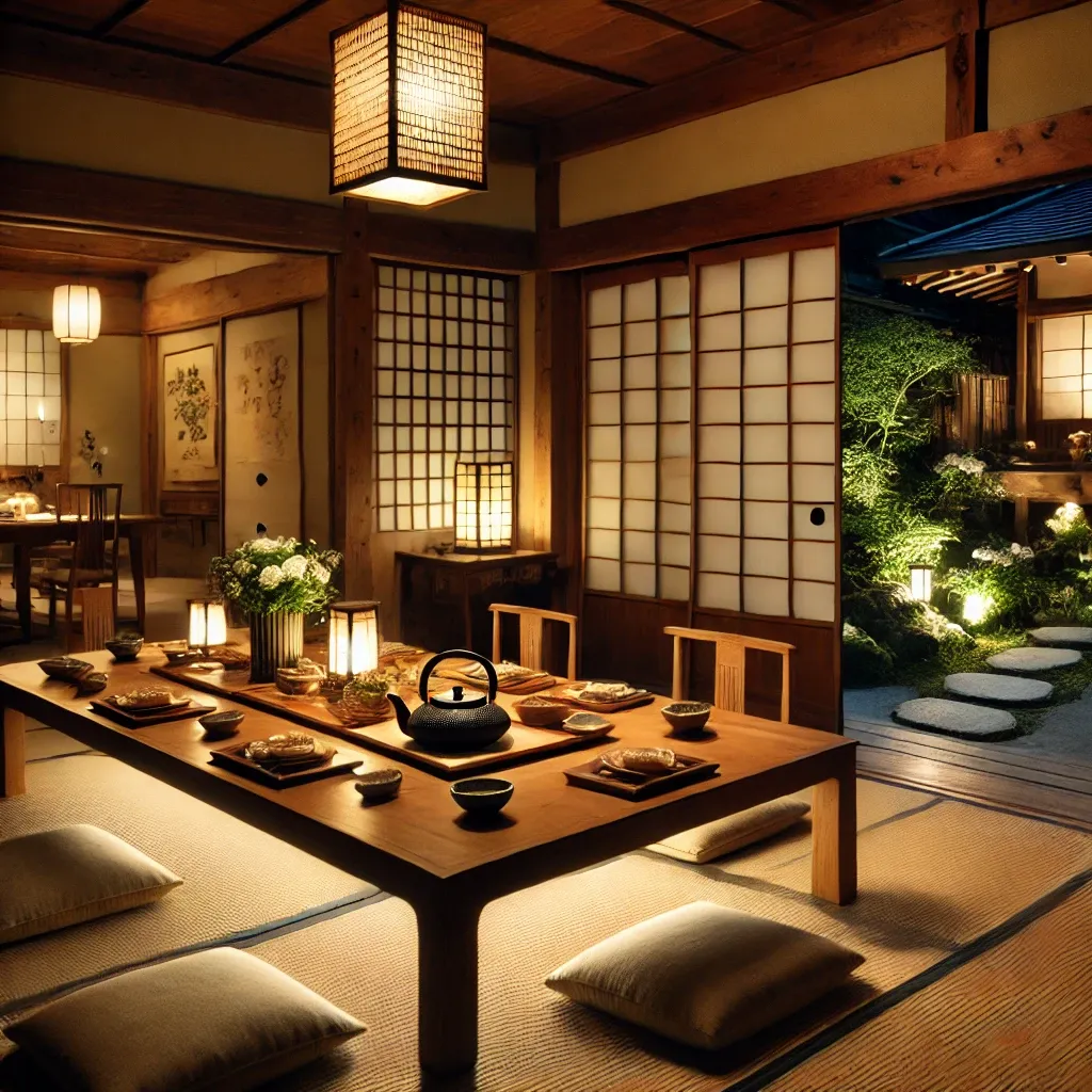 일본 전통 료칸 식당, 낮은 나무 테이블과 쿠션이 놓인 방, 정원이 보이는 슬라이딩 도어