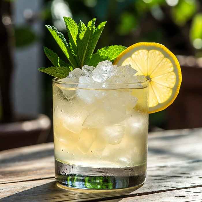 시원한 위스키 스매시 완성 칵테일과 민트 가니시