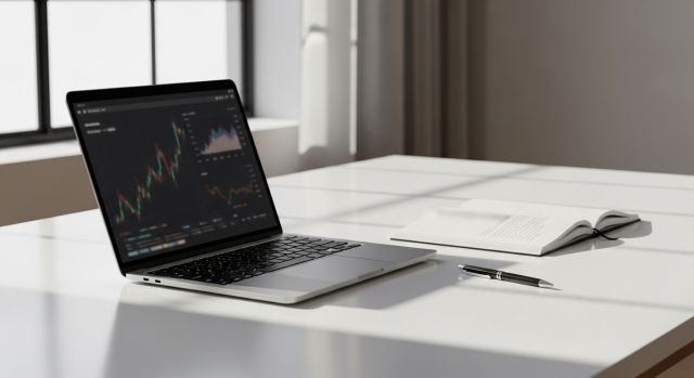 노트북과 재무 문서가 정리된 금융 분석 작업 공간