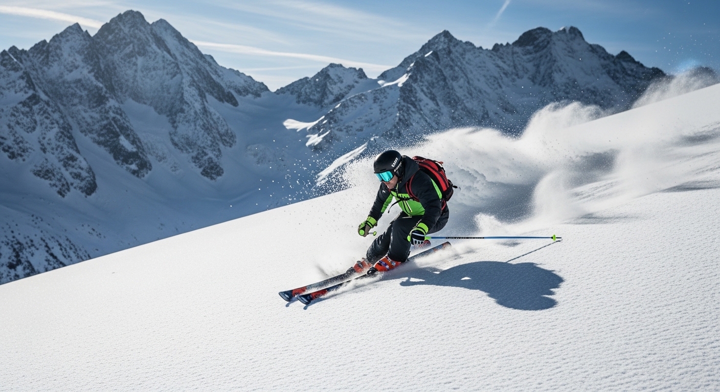 가파른 슬로프를 내려오는 알파인 스키 선수의 빠른 스피드와 역동성