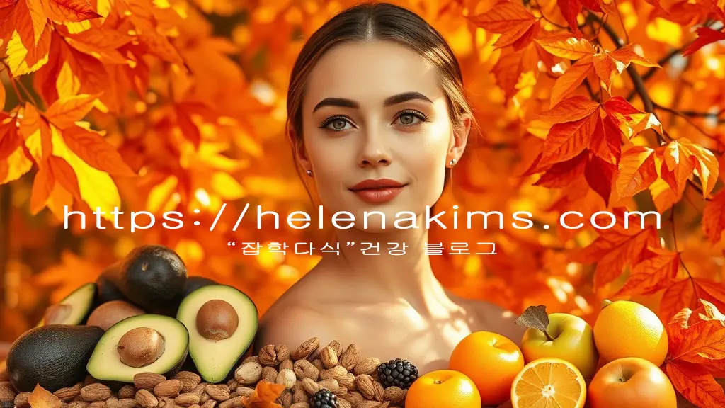 촉촉하고 건강한 피부를 가진 여성 모델이 가을 분위기 속에서 부드러운 자연광 아래 서있고, 주변에는 가을 나뭇잎과 건강한 식재료(아보카도, 견과류, 사과, 감귤류 등)가 조화롭게 배치되어 있는 이미지.
