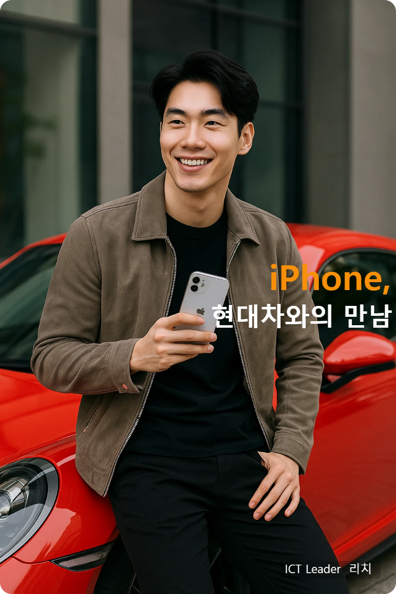 고급 빨간 스포츠카에 기대어 아이폰을 들고 미소 짓고 있는 세련된 20대 한국 남성