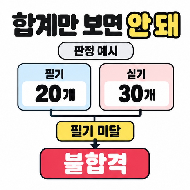 합계만 보면 안 된다는 제목 아래 필기 20개와 실기 30개의 판정 예시를 필기 미달과 불합격으로 연결한 이미지