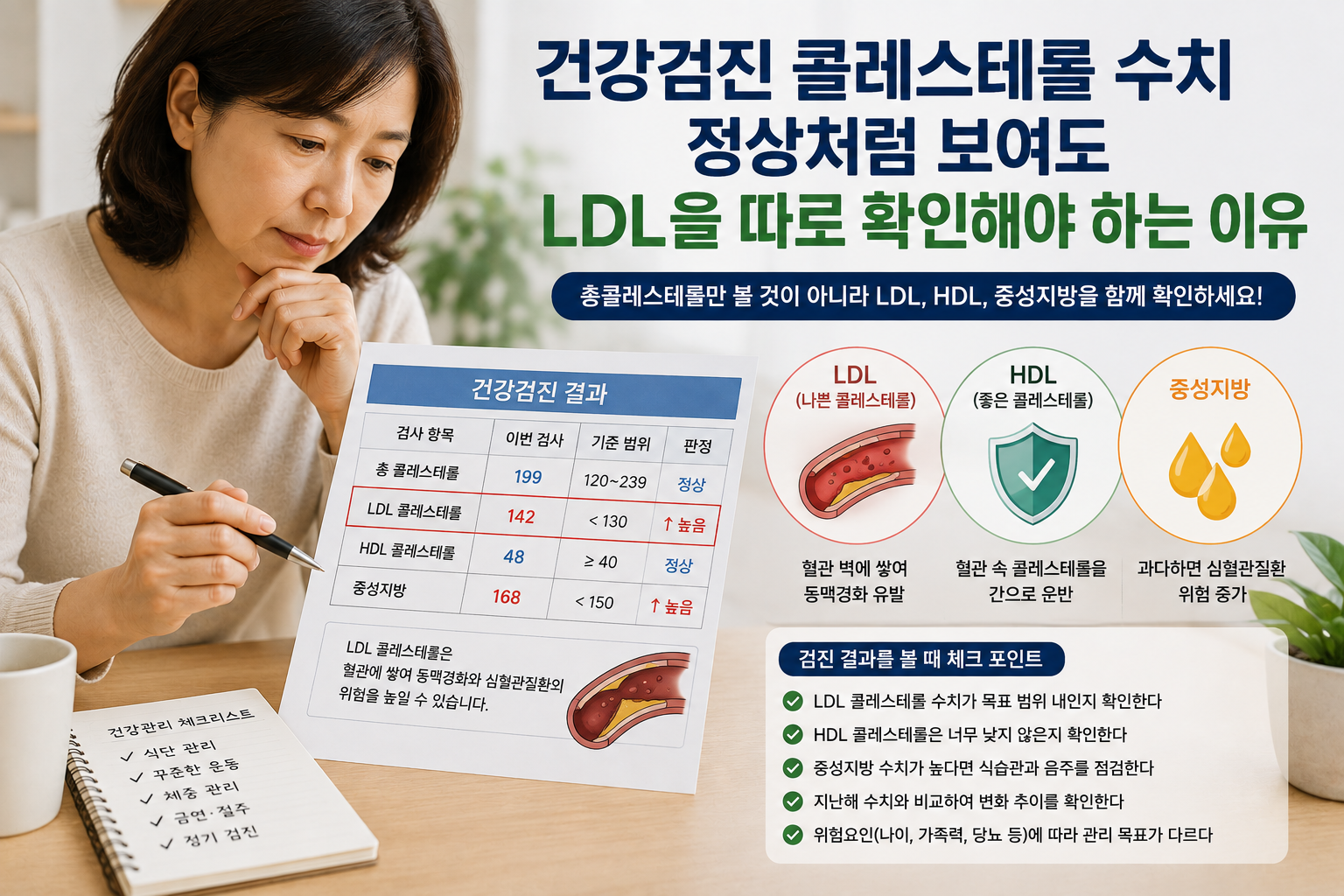 건강검진 결과표에서 LDL 콜레스테롤 HDL 콜레스테롤과 중성지방 수치를 확인하는 중년 여성