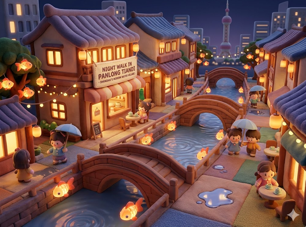[3월 중국] 상하이의 죽전 카페거리 같은 곳, 도심 속 수향마을 &lsquo;판롱티엔디&rsquo; 밤 9시 야경 산책