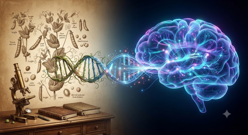 멘델의 완두콩에서 시작된 '보이지 않는 정보'에 대한 통찰은 DNA 이중나선 발견, 인간 게놈 프로젝트를 거쳐 이제 뇌 과학과 신경 질환 연구로 이어집니다. 160년의 시간을 넘어 유전체학과 신경과학이 융합되는 최전선을 시각화했습니다.