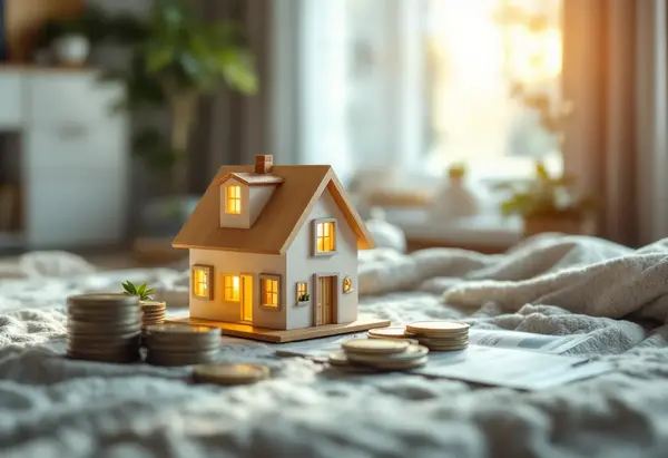 따뜻한 햇살이 들어오는 방 안, 침대 위에 놓인 조명 켜진 미니어처 주택과 동전 더미. 월세액 세액공제 및 주택 관련 절세 정보를 상징적으로 표현한 이미지