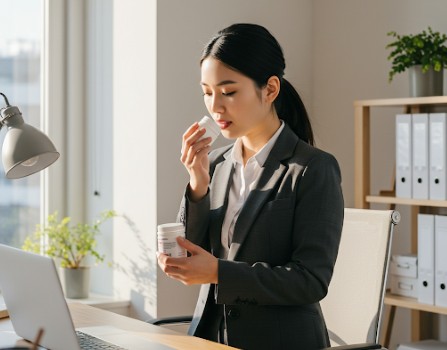 여성 직장인이 비타민을 챙겨 먹는 모습