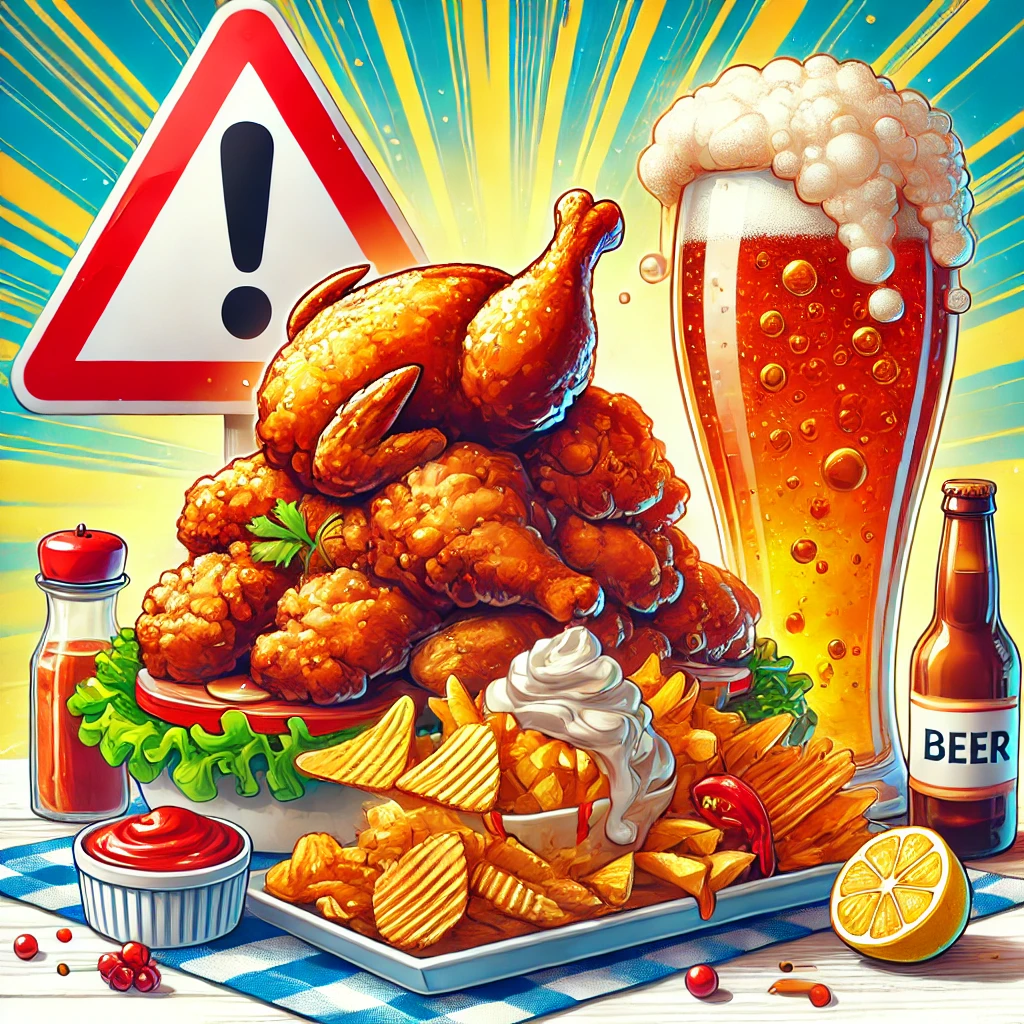 간수치 높이는 튀김과 술 (프라이드치킨 + 맥주 + 경고 아이콘)