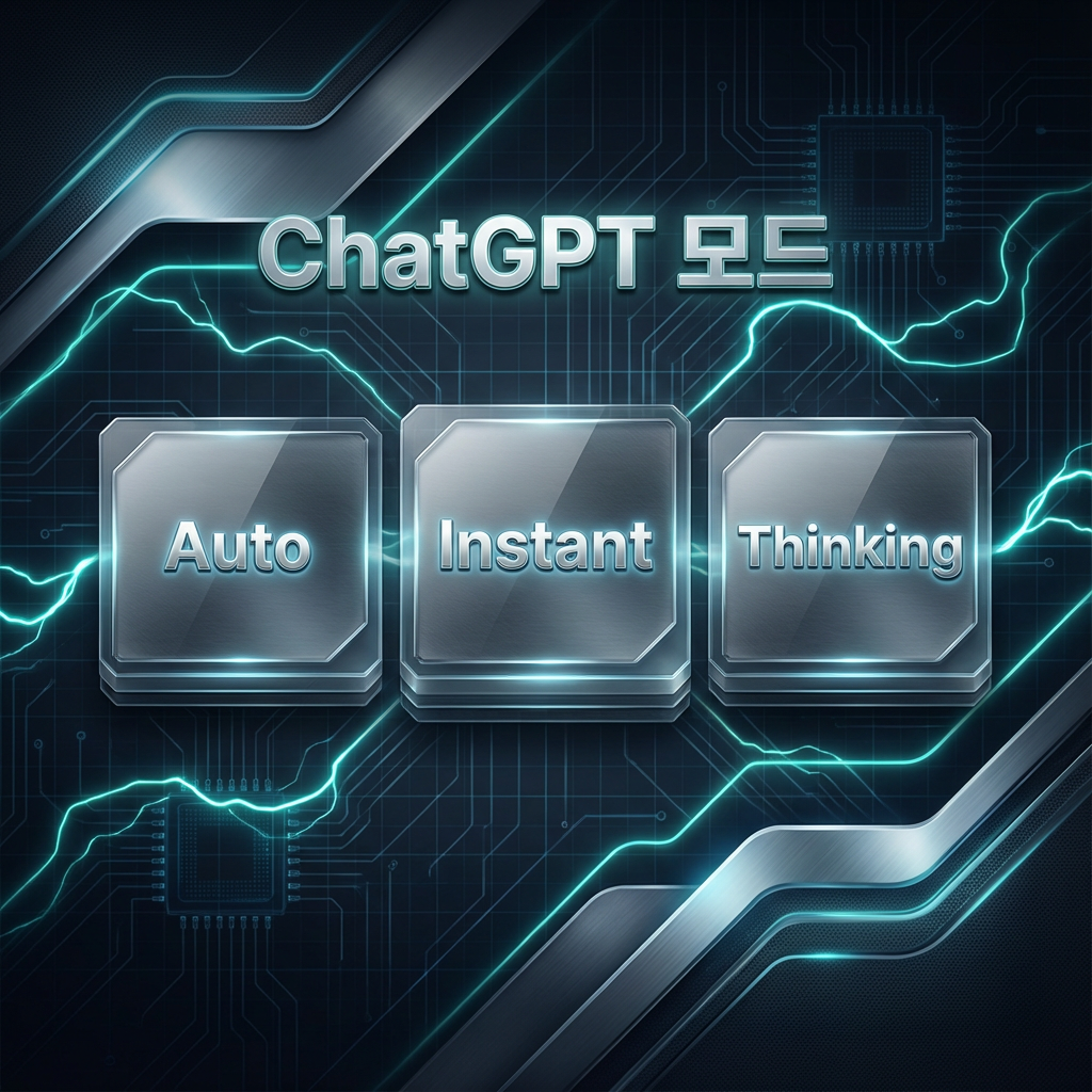 hatGPT 모드 Auto·Instant·Thinking 비교를 보여주는 메탈 버튼형 썸네일