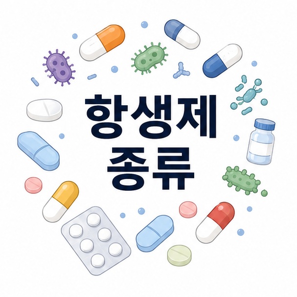 여러 종류의 알약과 세균 아이콘을 함께 배치해 항생제 종류를 나타낸 대표 이미지
