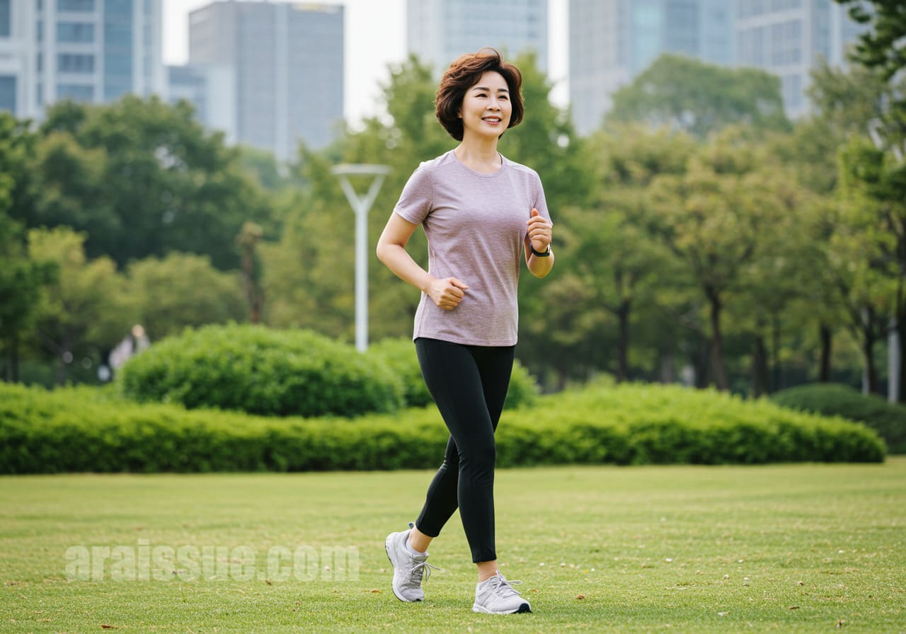 50대 한국 여성이 공원에서 걷기 운동을 하며 골다공증 예방을 위한 실천을 보여주는 이미지입니다. 주변은 현대적인 건축물과 푸른 자연이 배경을 이룹니다.