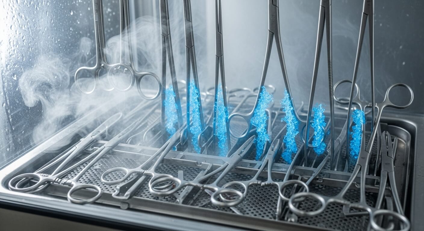 복잡한 수술 기구들 사이로 증기가 흐르는 멸균 챔버 내부. 비응축성 가스로 인해 증기 침투가 방해받는 '콜드 스팟' 발생 위험을 보여주는 모습.