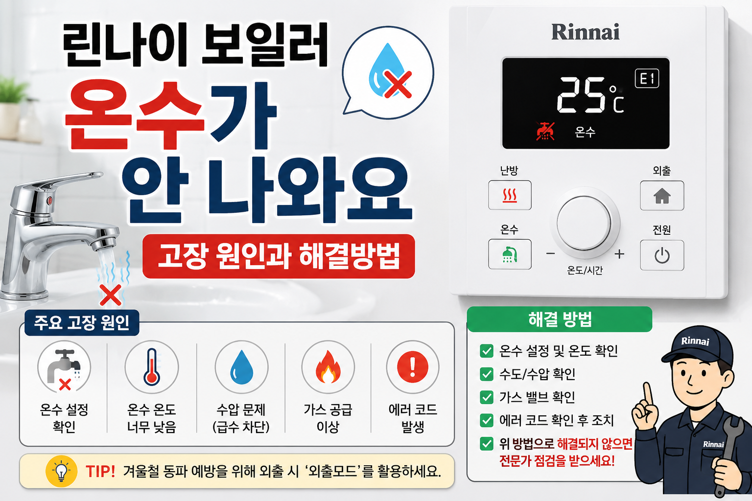 린나이 보일러 온수가 안 나와요｜고장 원인과 해결방법