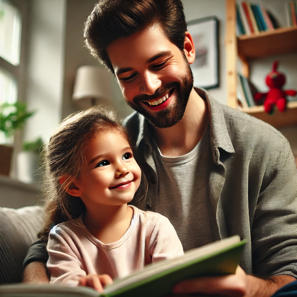 부모와 아이가 동화책을 읽으며 웃는 모습