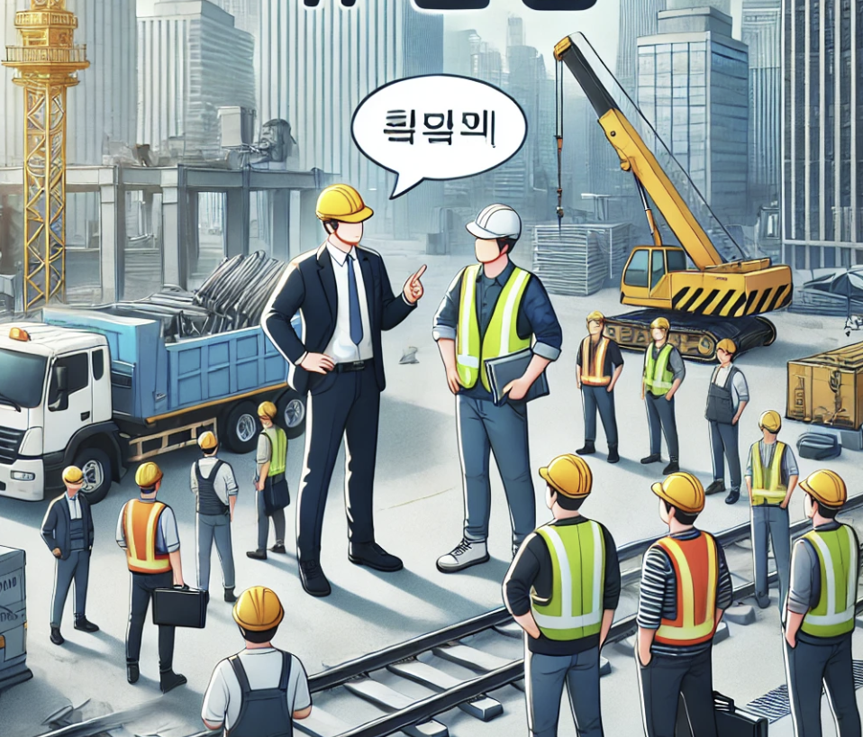 안전장비를 착용한 건설 현장 노동자들과 현장 관리자가 노동 보호 조치에 대해 토론하는 장면.