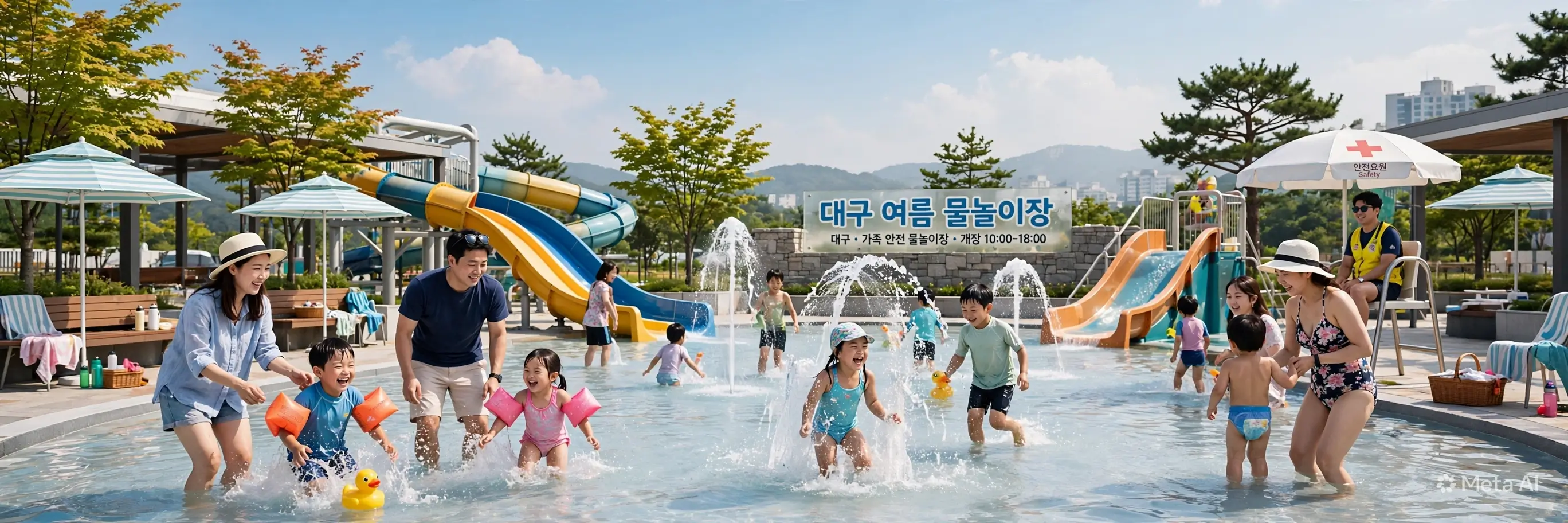 대구 여름 물놀이장에서 가족들이 얕은 물풀과 워터슬라이드, 분수 사이에서 물놀이를 즐기는 모습. 뒤편에 대구 여름 물놀이장 안내 간판과 안전요원이 보인다. 2026년 대구 도심 무료 물놀이장