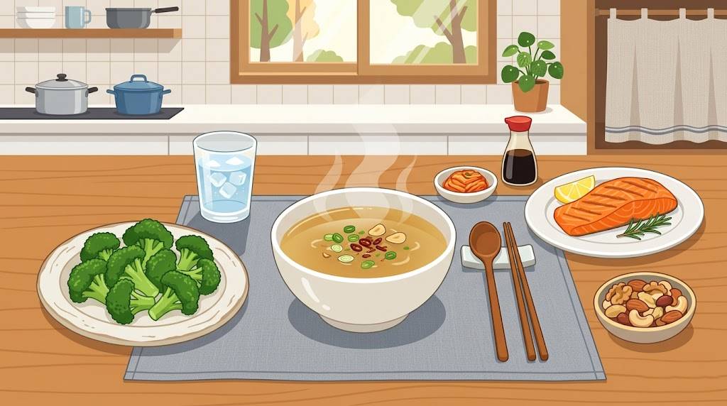 주방 식탁 위에 놓인 신선한 브로콜리, 연어, 견과류와 따뜻한 멸치 육수 국물, 건강한 식단을 상징하는 정갈한 상차림