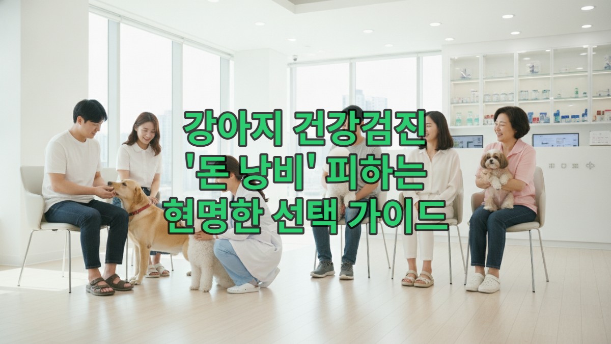 강아지 건강검진 패키지를 설명하는 수의사와 보호자, 그리고 연령대별 강아지가 검진받는 모습의 3단 세트 이미지