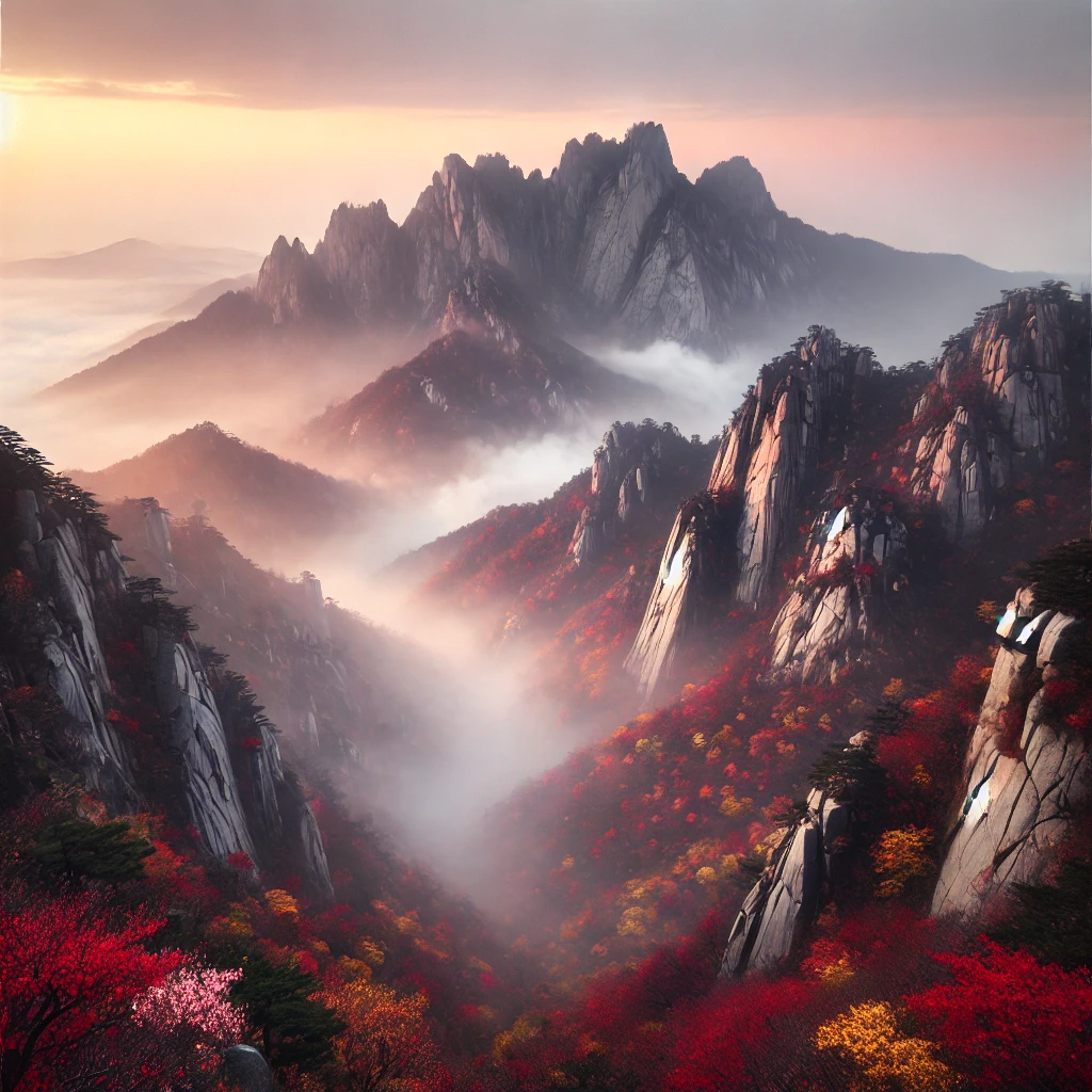 설악산의 이른 아침 안개에 쌓인 봉우리들, 붉고 노란 가을 단풍과 바위 절벽이 안개 속에서 신비로운 분위기를 자아내는 모습.