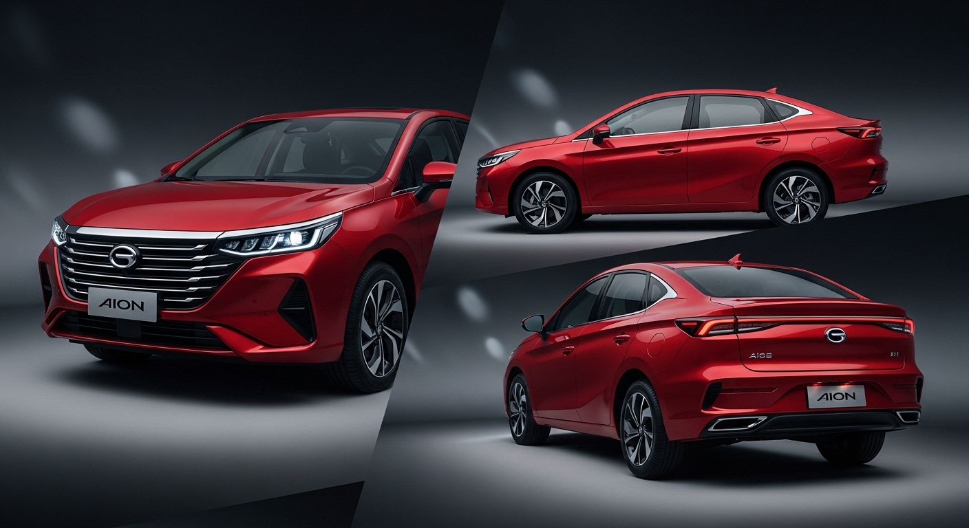 GAC 아이온 i60의 전면/측면/후면이 모두 보이는 역동적인 스튜디오 샷