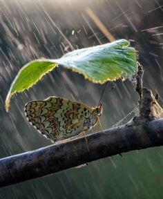 비오는-날-나비가-나뭇잎-아래에서-비를-피하는-모습