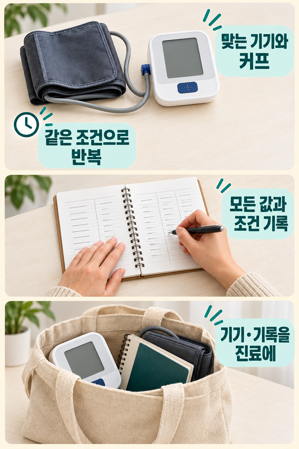 혈압계와 커프, 전체 측정 기록과 진료 메모를 함께 준비하는 구성