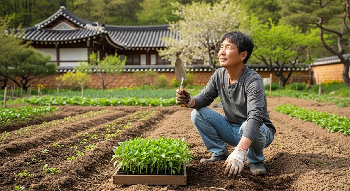 고추를 심기 전에 텃밭 흙 상태를 확인하는 모습